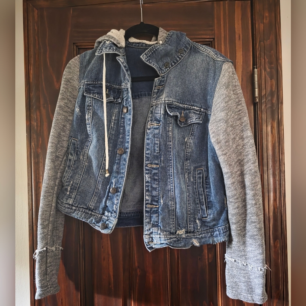 Free People Blue Denim Jacket with Gray Sleeves